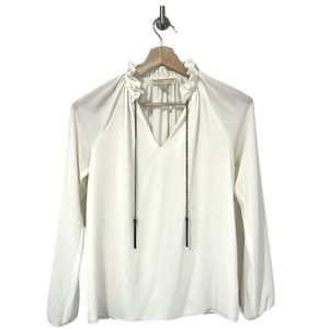 Michael Kors Ivory Tie Front Tassel Ruffle Neck Blouse Extra Small XS